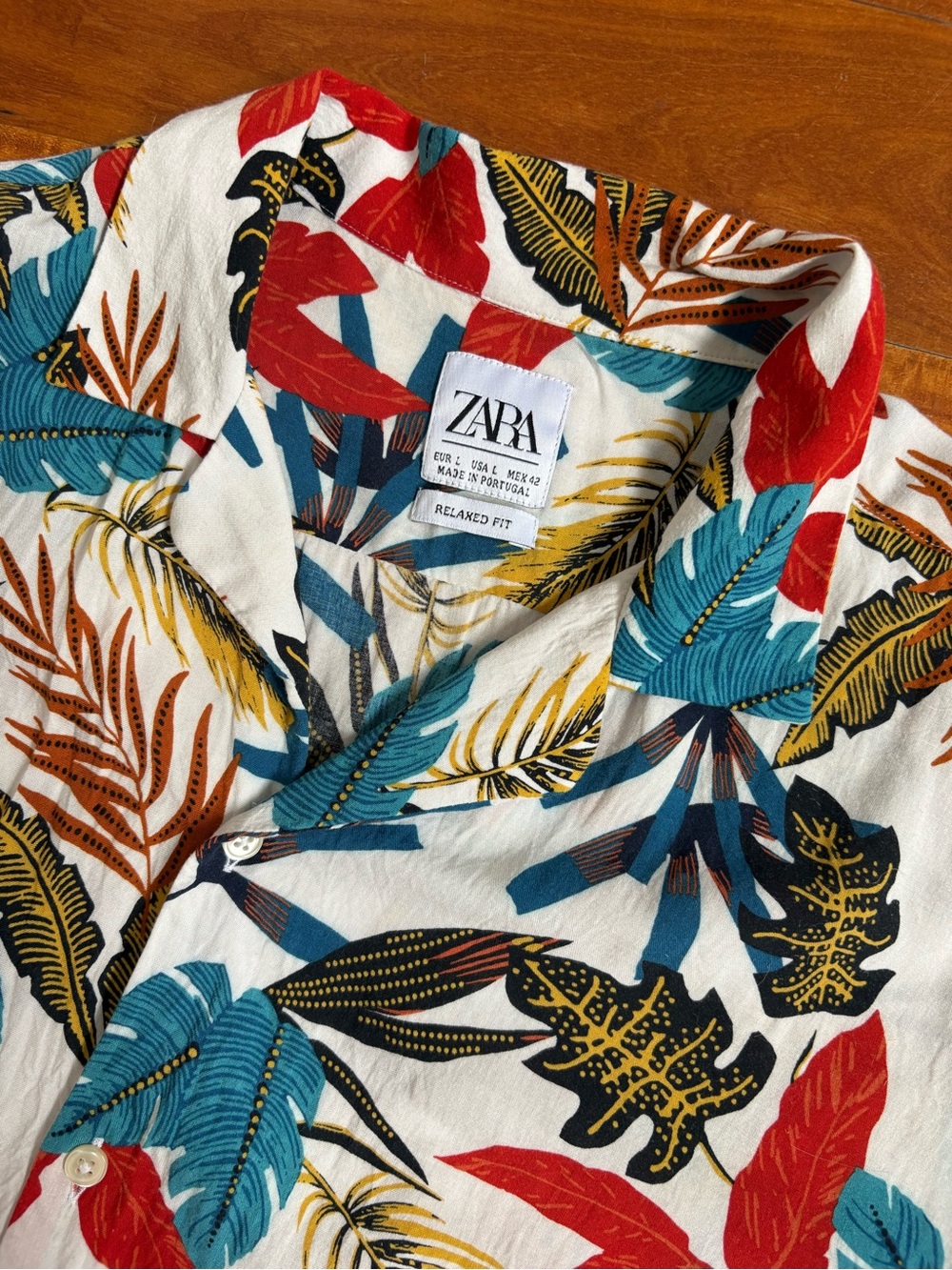 ZARA Tropical Leaf Print Short-Sleeve Shirt - Red, Teal, Mustard, Black